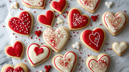 Sweet Valentine's Heart Cookies: Red Icing and Themed Sprinkles on Parchment - Valentine's Day Conceptの素材