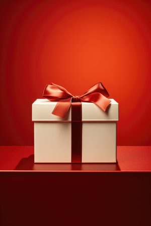 Surprise Awaiting in Open Gift Box: White Box with Red Ribbon on Rich Red Backdrop - Valentine's Day Conceptの素材