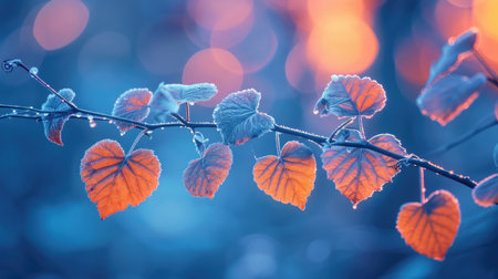 Enchanted Heart-Shaped Leaves on Branch: Blue and Orange in Bokeh Light - Valentine's Day Conceptの素材