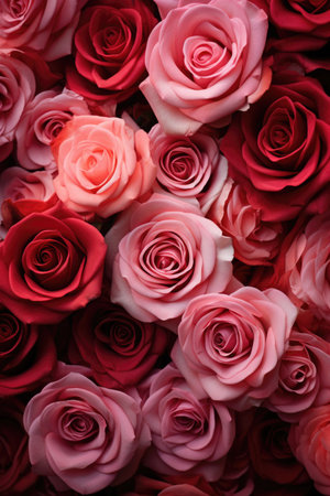 Lush Rose Gradient: Tight Red to Pink Arrangement in Velvety Petal Sea - Valentine's Day Conceptの素材