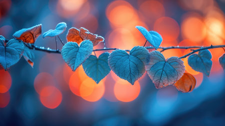 Enchanted Heart-Shaped Leaves on Branch: Blue and Orange in Bokeh Light - Valentine's Day Conceptの素材