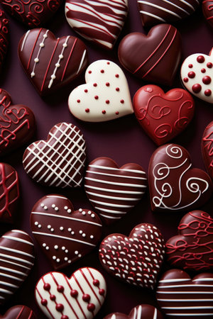Delectable Assortment of Chocolate Hearts: Decorative Treats on Deep Red - Valentine's Day Conceptの素材