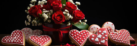 Romantic Valentine's Treat: Heart Cookies and Red Roses on Slate - Valentine's Day Conceptの素材