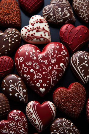 Delectable Assortment of Chocolate Hearts: Decorative Treats on Deep Red - Valentine's Day Conceptの素材