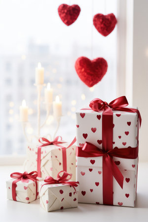 Bright and Cheerful Valentine's Decor: Festive Ornaments and Gift Box on White Wood - Valentine's Day Conceptの素材