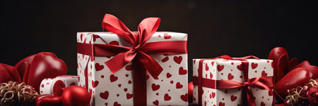 Festive Gift and Hearts: Red and Green Accents on Vivid Red - Valentine's Day Conceptの素材