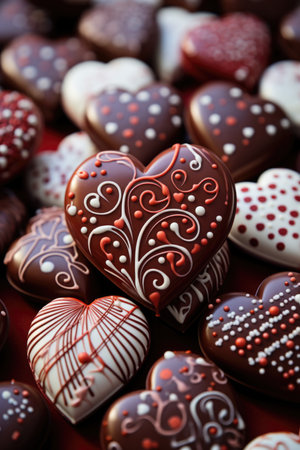Delectable Assortment of Chocolate Hearts: Decorative Treats on Deep Red - Valentine's Day Conceptの素材