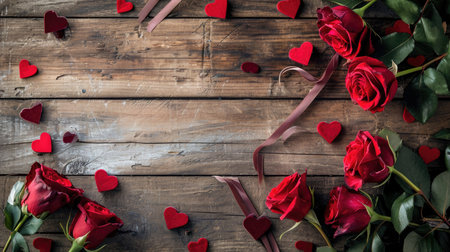 Timeless Romance in Rustic Setting: Red Roses and Silky Ribbon on Wooden Surface - Valentine's Day Conceptの素材