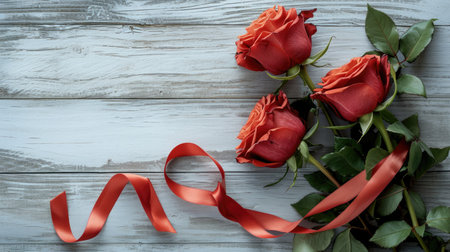 Rustic Elegance with Roses and Ribbon: Red Flowers on White Wood - Valentine's Day Conceptの素材
