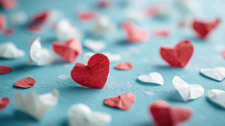 Playful Pastel Hearts on Blue: Vibrant Red Cutouts on Soft Background - Valentine's Day Conceptの素材