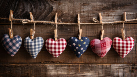 Handmade Hearts on Twine: Fabric Hearts Against Dark Wood for Valentine's Day - Valentine's Day Conceptの素材