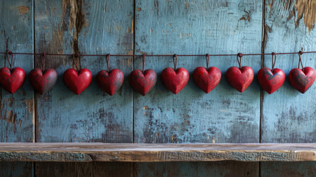 Homely Rhythm of Red Hearts: String Decoration Against Grayish-Blue Wood - Valentine's Day Conceptの素材