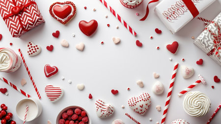 Festive Valentine's Day Flat Lay: Creative Arrangement on White with Candies and Decor - Valentine's Day Conceptの素材