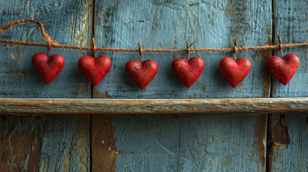 Homely Rhythm of Red Hearts: String Decoration Against Grayish-Blue Wood - Valentine's Day Conceptの素材