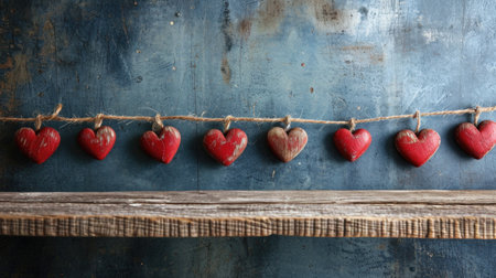 Homely Rhythm of Red Hearts: String Decoration Against Grayish-Blue Wood - Valentine's Day Conceptの素材