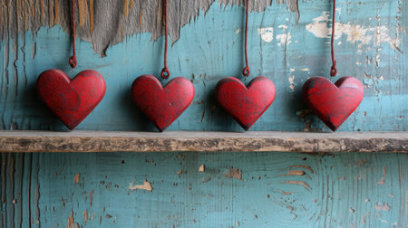 Homely Rhythm of Red Hearts: String Decoration Against Grayish-Blue Wood - Valentine's Day Conceptの素材