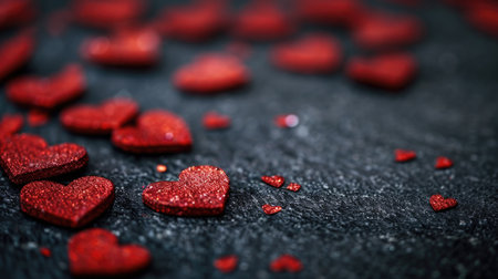 Vivid Hearts on Dark Backdrop: Scattered Red Patterns with Ember-Like Glow - Valentine's Day Conceptの素材