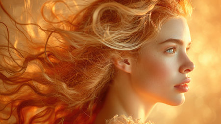 Woman with Dynamic, Wind-Blown Hairstyle in Blonde and Light Copper Tones, Soft Lighting Highlighting Her Profile, Lace Garment, and Gradient Peach Backgroundの素材