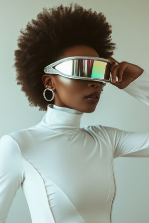 Futuristic Vision: Woman in High-Neck White Bodysuit, Voluminous Afro, Oversized Visor Sunglasses with Sci-Fi Aesthetic, Silver Hoop Earrings, Neutral Gray Backgroundの素材