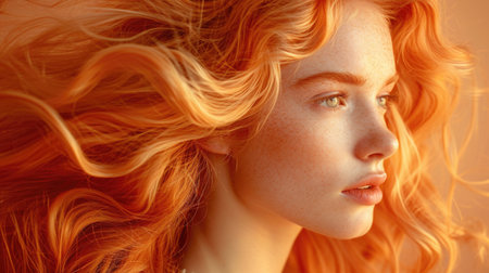 Woman with Dynamic, Wind-Blown Hairstyle in Blonde and Light Copper Tones, Soft Lighting Highlighting Her Profile, Lace Garment, and Gradient Peach Backgroundの素材
