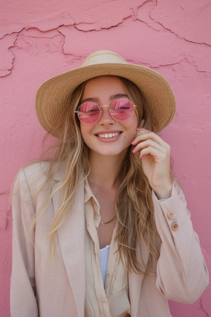 Playful and Whimsical Young Woman Against Pastel Pink Wall: Straw Boater Hat, Pink-Tinted Sunglasses, Vintage Vibe, Coy Smile, Beige Blazer, Blonde Hair, Carefree Auraの素材