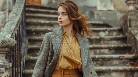 Urban Autumn Elegance: Woman in Golden Beige Blouse, High-Waisted Woolen Skirt, Textured Gray Coat, Old Stone Building Setting, Soft Lightの素材