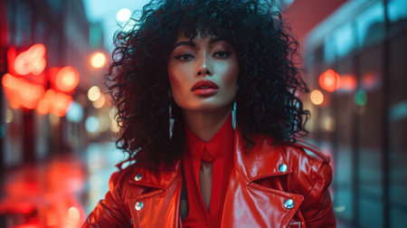 Elegant Urban Evening: Woman with Voluminous Curly Black Hair, Glossy Red Leather Jacket, Serene Expression in a Bustling Cityscape with Blurred Lightsの素材