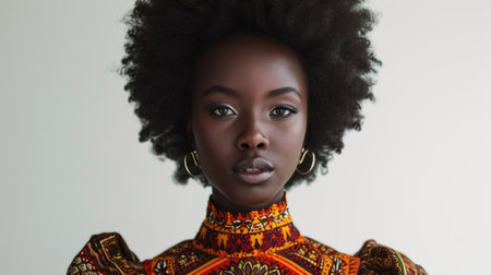 Vibrant Fashion Portrait: Woman with Deep Skin in Colorful High-Neck Dress, Large Rounded Afro, Neutral Makeup, Pure White Backgroundの素材
