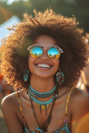 Sun-Drenched Outdoor Festival Joy: Laughing Woman with Wild Curly Hair, Retro Sunglasses, Bohemian Outfit, Golden Sunlight Halo, Blurred Background of Festival Activitiesの素材