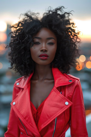 Elegant Urban Evening: Woman with Voluminous Curly Black Hair, Glossy Red Leather Jacket, Serene Expression in a Bustling Cityscape with Blurred Lightsの素材