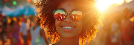 Sun-Drenched Outdoor Festival Joy: Laughing Woman with Wild Curly Hair, Retro Sunglasses, Bohemian Outfit, Golden Sunlight Halo, Blurred Background of Festival Activitiesの素材