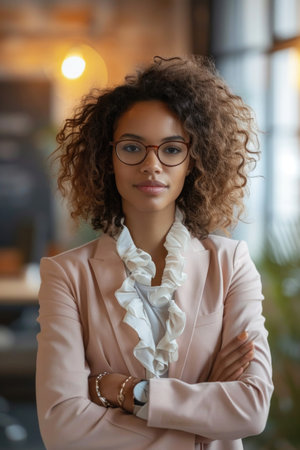Professional Charm in Creative Workspace: Approachable Woman in Pale Pink Blazer and High-Neck Blouse, Office Environment with Plants, Bright and Welcoming Ambianceの素材