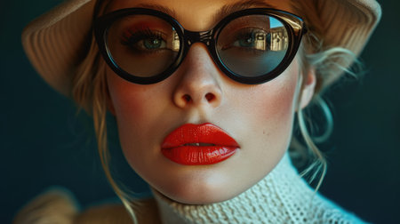 Bold Fashion Headshot: Woman with Oversized Black Sunglasses, Matte Red Lips, Textured White Garment, Dark Neutral Backgroundの素材