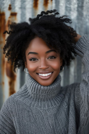 Candid Joy in Urban Setting: Heartwarming Portrait of Smiling Woman with Natural Coiled Hair, Gray Turtleneck, Against Corrugated Metal Wall, Soft Even Lightingの素材