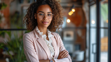 Professional Charm in Creative Workspace: Approachable Woman in Pale Pink Blazer and High-Neck Blouse, Office Environment with Plants, Bright and Welcoming Ambianceの素材