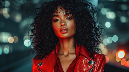 Elegant Urban Evening: Woman with Voluminous Curly Black Hair, Glossy Red Leather Jacket, Serene Expression in a Bustling Cityscape with Blurred Lightsの素材