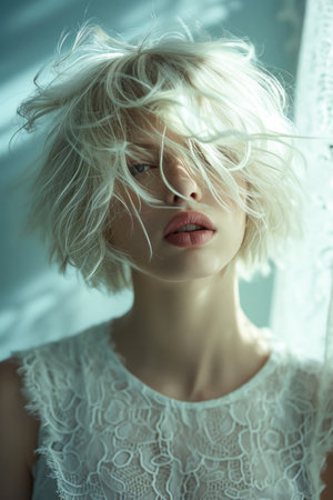 Soft and Ethereal Beauty Portrait: Woman with Dynamic Tousled Bob, Side-Swept Fringe Covering One Eye, Flawless Pale Skin, Gradient Light Background for Serene Atmosphereの素材
