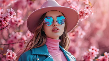 Spring Style in Cherry Blossom Setting: Stylish Young Woman with Wide-Brimmed Pink Hat, Blue Leather Jacket, Reflective Sunglasses, Blooming Pink Flowers Backgroundの素材