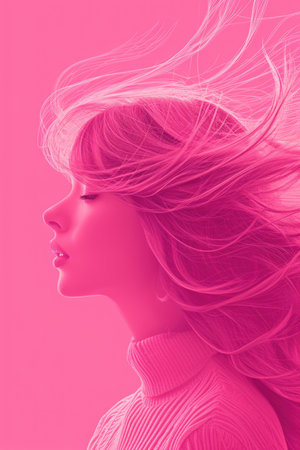Dynamic Cotton Candy Pink Hair: Woman with Wind-Blown Flowing Mane, Minimal Attire, Pink Background Enhancing Motion and Softness of Hair Textureの素材