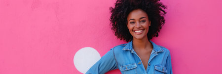 Contemporary Joy in Vibrant Pink: Woman in Denim Jumpsuit, Relaxed Confidence, Natural Black Curls, White Circular Shape Contrast, Bright Even Lightingの素材