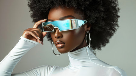Futuristic Vision: Woman in High-Neck White Bodysuit, Voluminous Afro, Oversized Visor Sunglasses with Sci-Fi Aesthetic, Silver Hoop Earrings, Neutral Gray Backgroundの素材