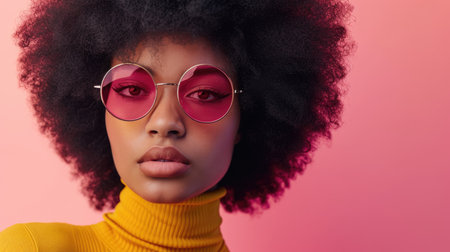 Retro-Inspired with a Modern Twist: Vibrant Afro in Black to Hot Pink Gradient, Round Pink-Tinted Sunglasses, Yellow Turtleneck, Subtle Makeup, Muted Pink Backgroundの素材