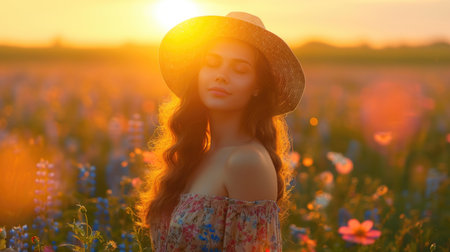 Serene Sunset Scene: Woman in Floral Dress in Field of Flowers, Wide-Brimmed Hat, Long Curly Hair, Golden Light, Relaxed Pose, Peaceful Expression Facing Sunの素材
