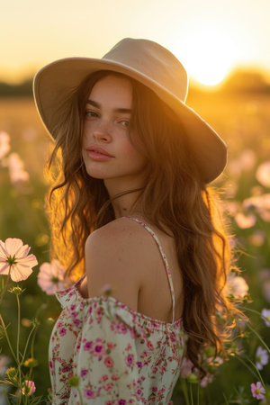 Serene Sunset Scene: Woman in Floral Dress in Field of Flowers, Wide-Brimmed Hat, Long Curly Hair, Golden Light, Relaxed Pose, Peaceful Expression Facing Sunの素材