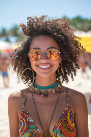 Beach Radiance: Radiant Woman on Sunny Beach, Natural Curls, Flowing Dress, Free Spirit, Round Sunglasses, Warm Smile, Bustling Beach Backgroundの素材