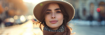 Autumn Urban Chic: Stylish Woman in Soft Hat, Textured Jacket, Introspective Gaze, Warm Sunlight, Golden Glow, Natural Makeup, Nostalgic Cityscapeの素材
