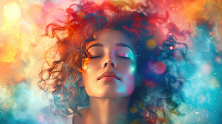 Surreal Artistic Vision: Woman with Hair and Makeup Transforming into Watercolor Splashes, Kaleidoscope of Colors, Dreamy Expression, Blend of Reality and Fantasyの素材