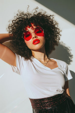 Playful Fashion Dynamism: Young Woman in Dynamic Pose, Curly Hair, Red Sunglasses, Red Lipstick, White Tee, Black Skirt, Movement, Blank Canvas Backgroundの素材