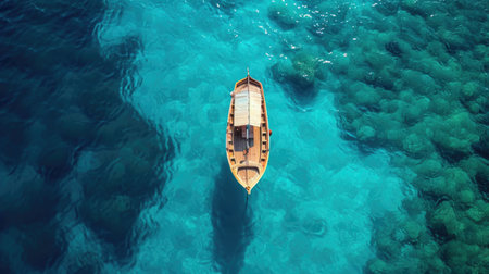 Single Boat Floating on Clear Blue Oceanの素材