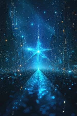 Wallpaper, abstract background, the star is blue and there are lights surrounding it, in the style of early computer art, architectural perspectivesの素材